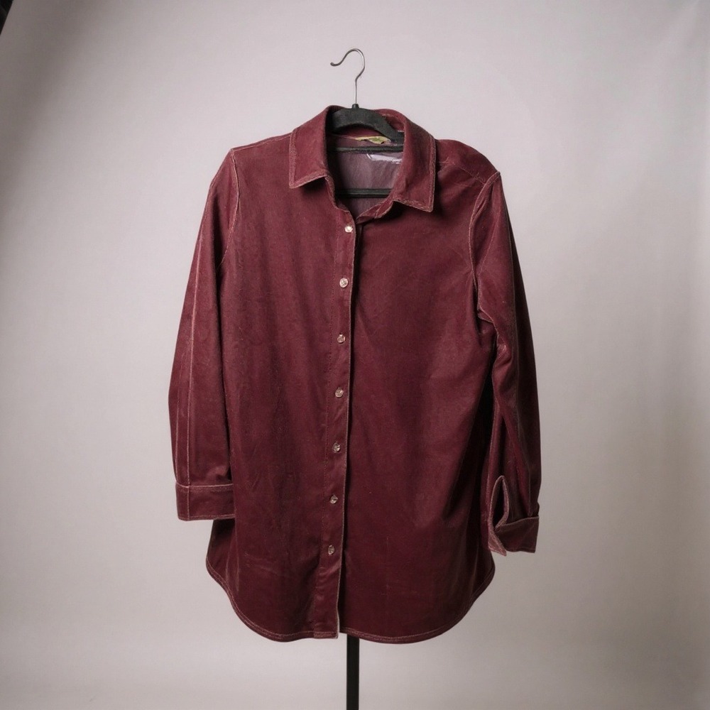 Soft Surroundings Velvet Button Down Shirt Tunic Burgundy Long Sleeve Size L